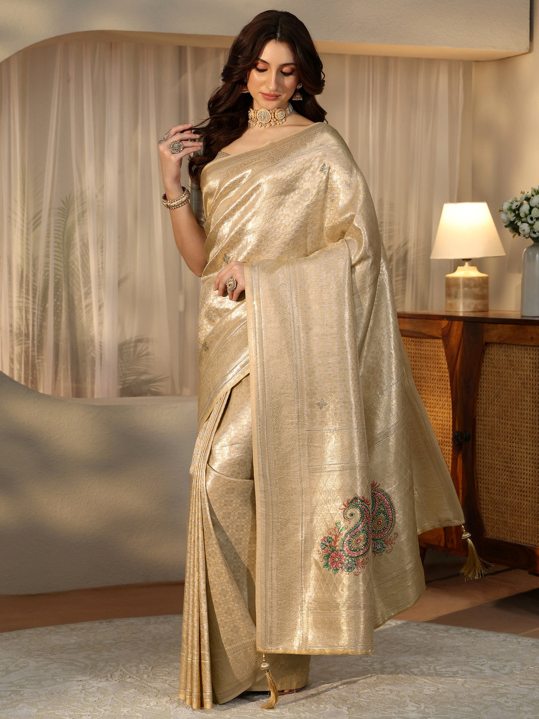  Gold Floral Silk Blend Saree 