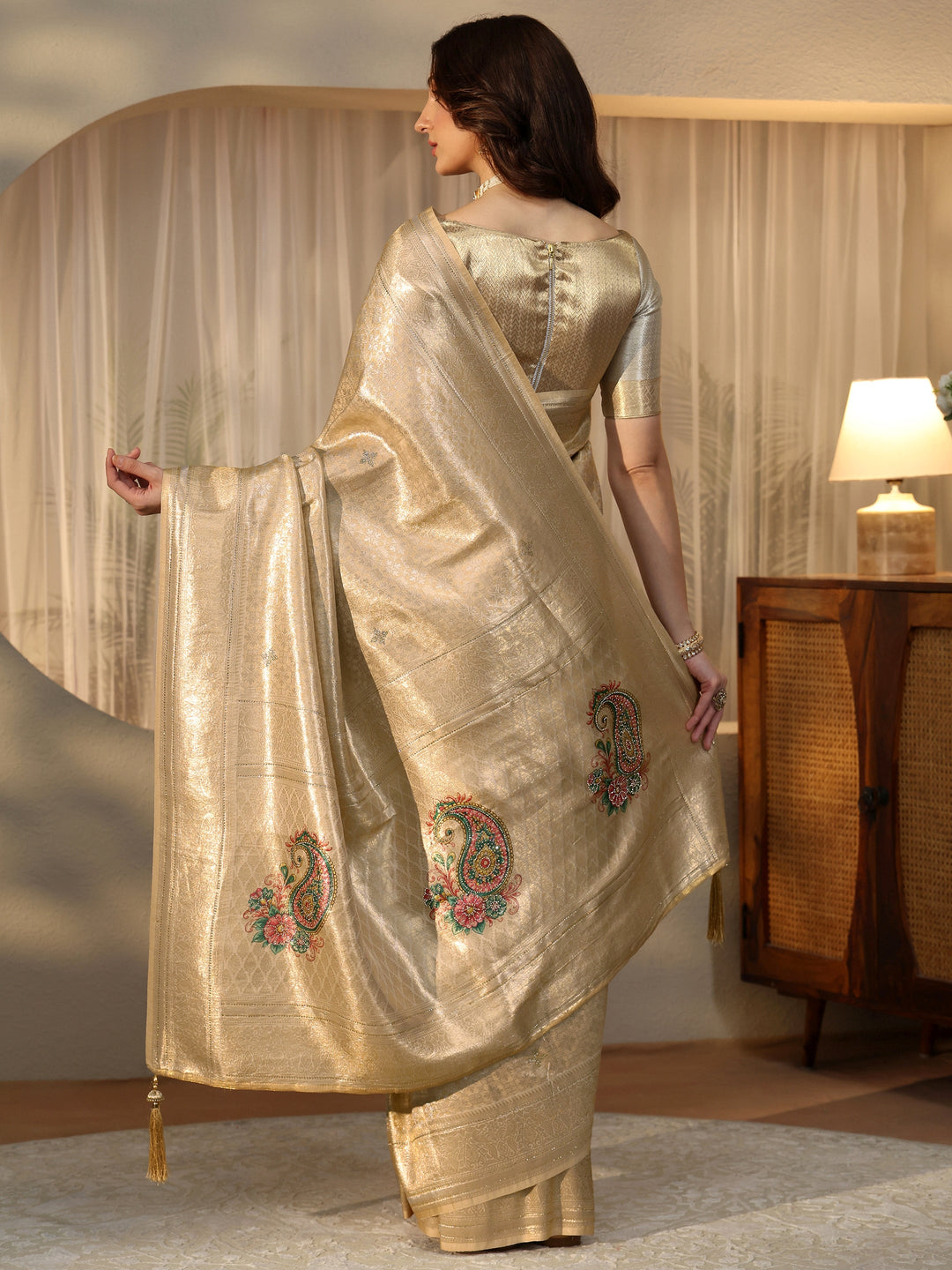  Gold Floral Silk Blend Saree 