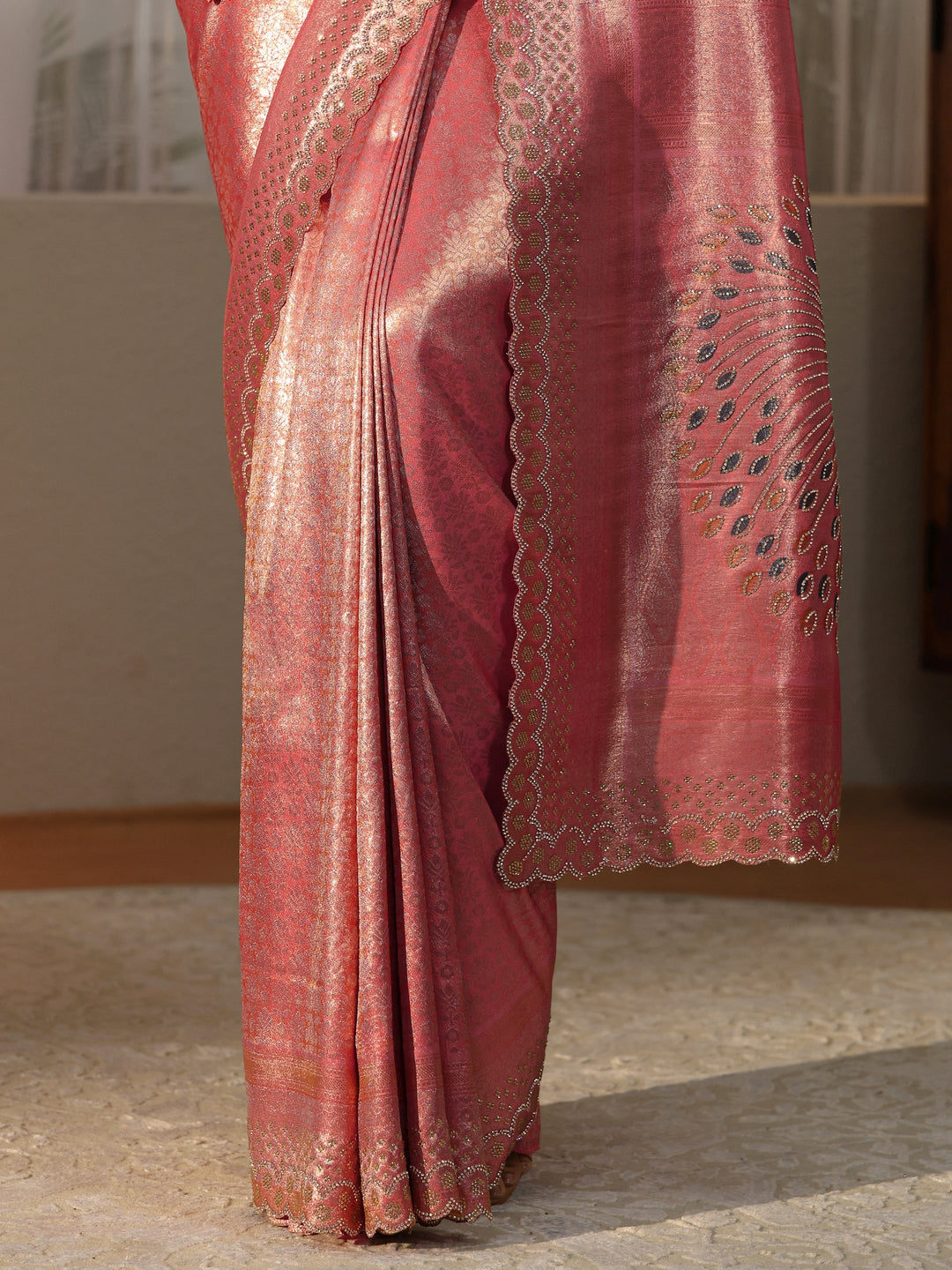  Peach Silk Blend Saree with Embellished Border 