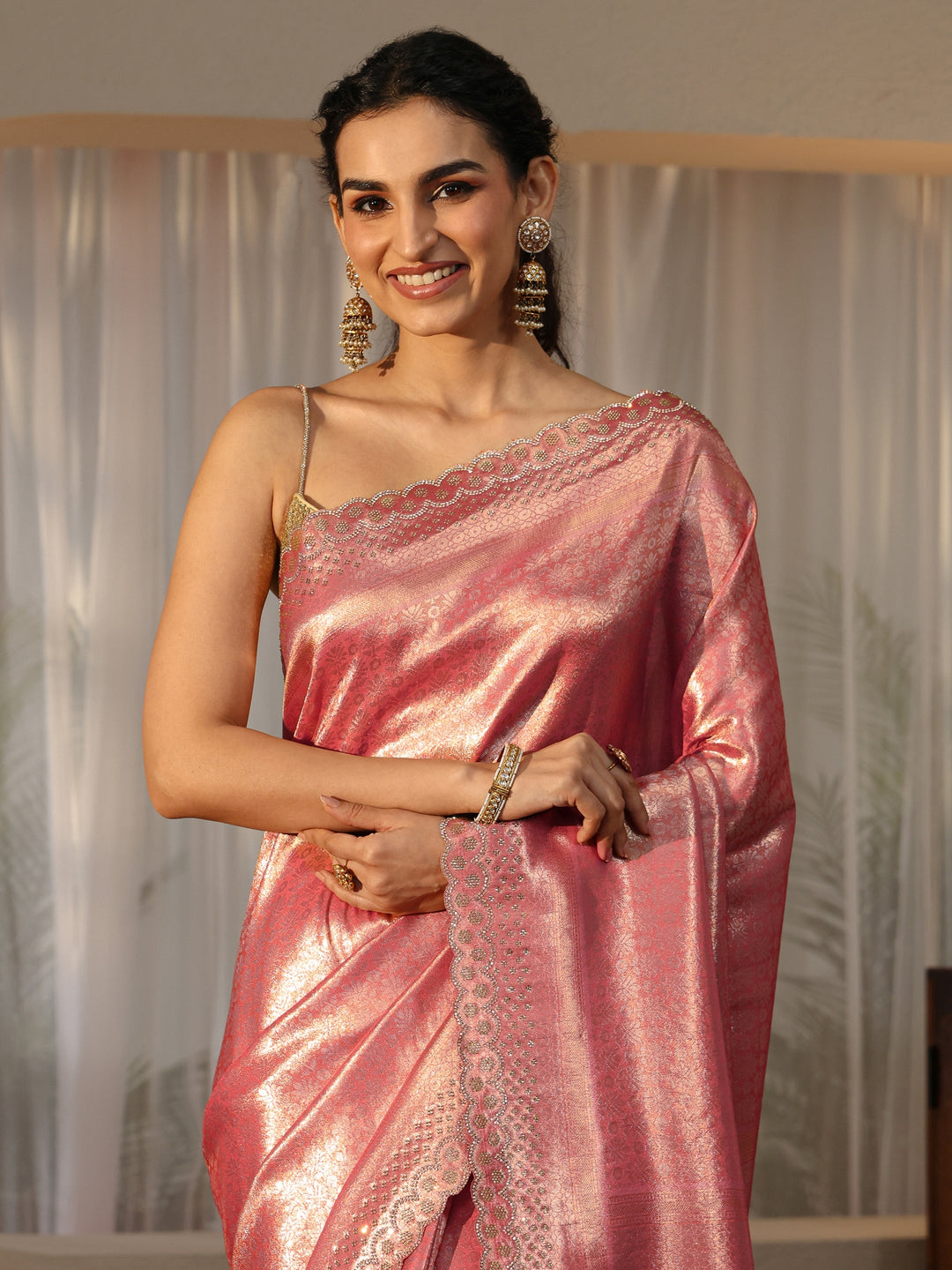  Peach Silk Blend Saree with Embellished Border 