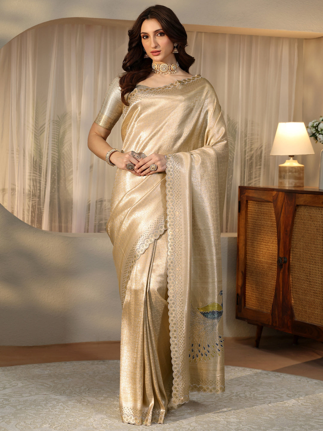 Gold Silk Blend Saree with Embellished Border 