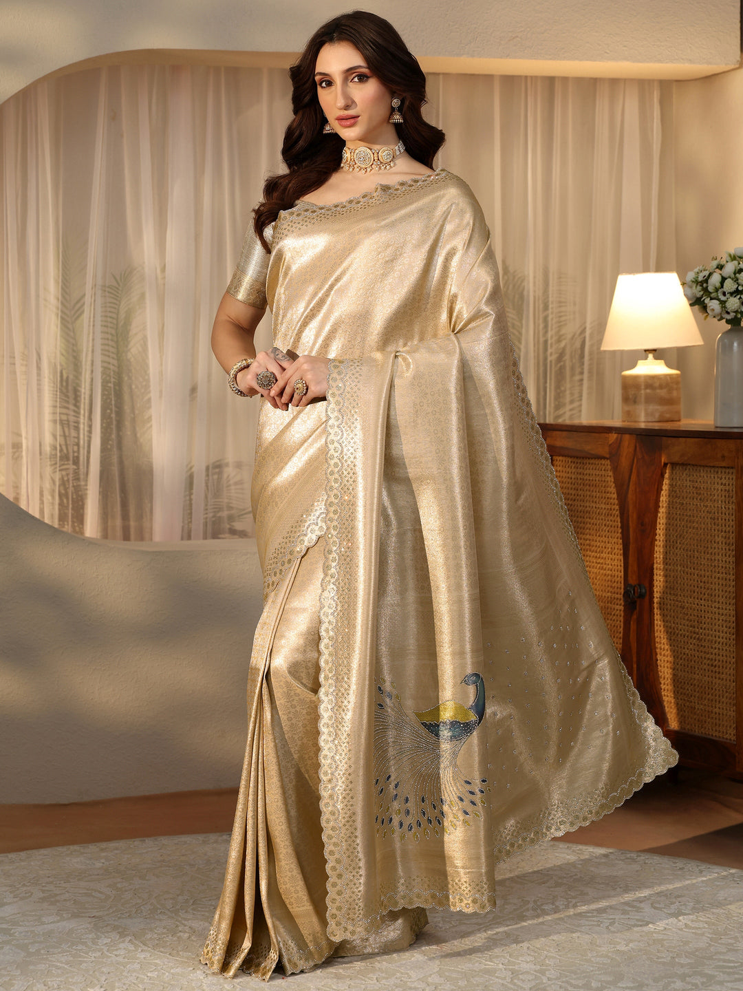  Gold Silk Blend Saree with Embellished Border 