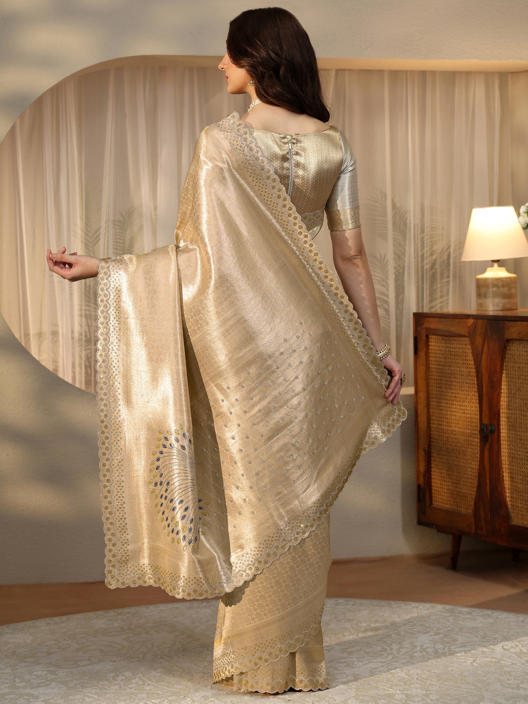  Gold Silk Blend Saree with Embellished Border 