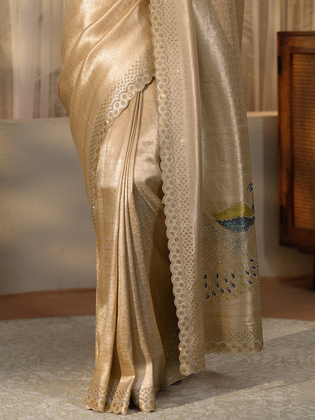  Gold Silk Blend Saree with Embellished Border 