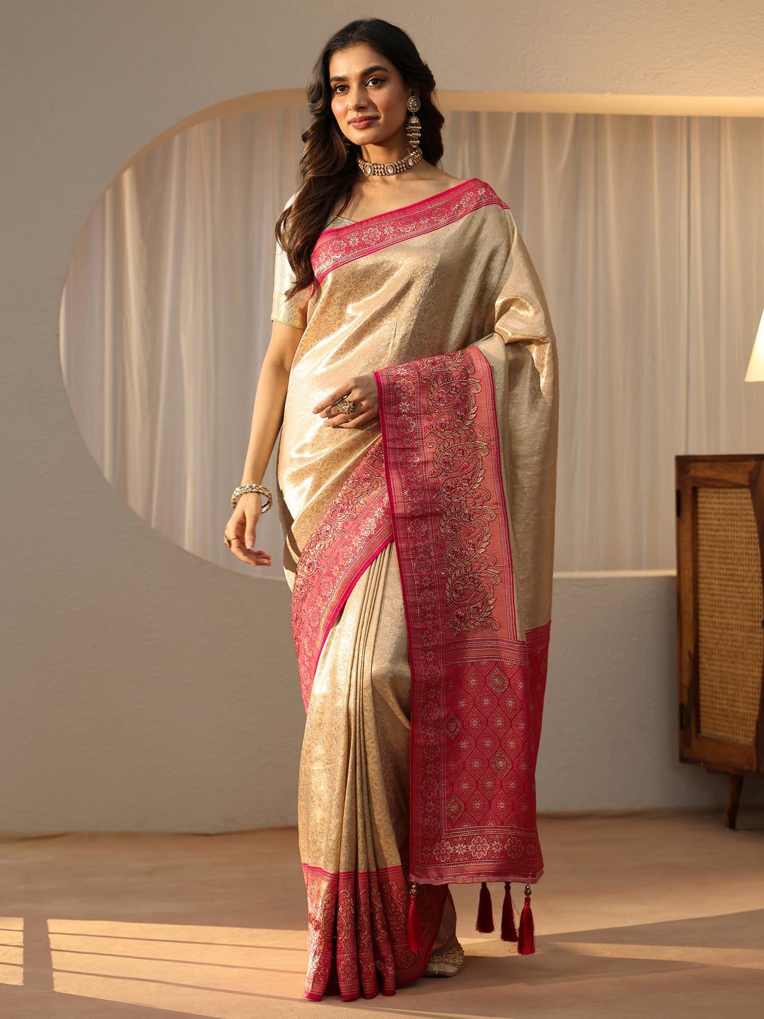  Gold Silk Blend Saree with Woven Border 
