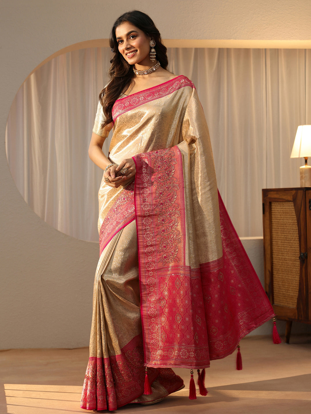  Gold Silk Blend Saree with Woven Border 