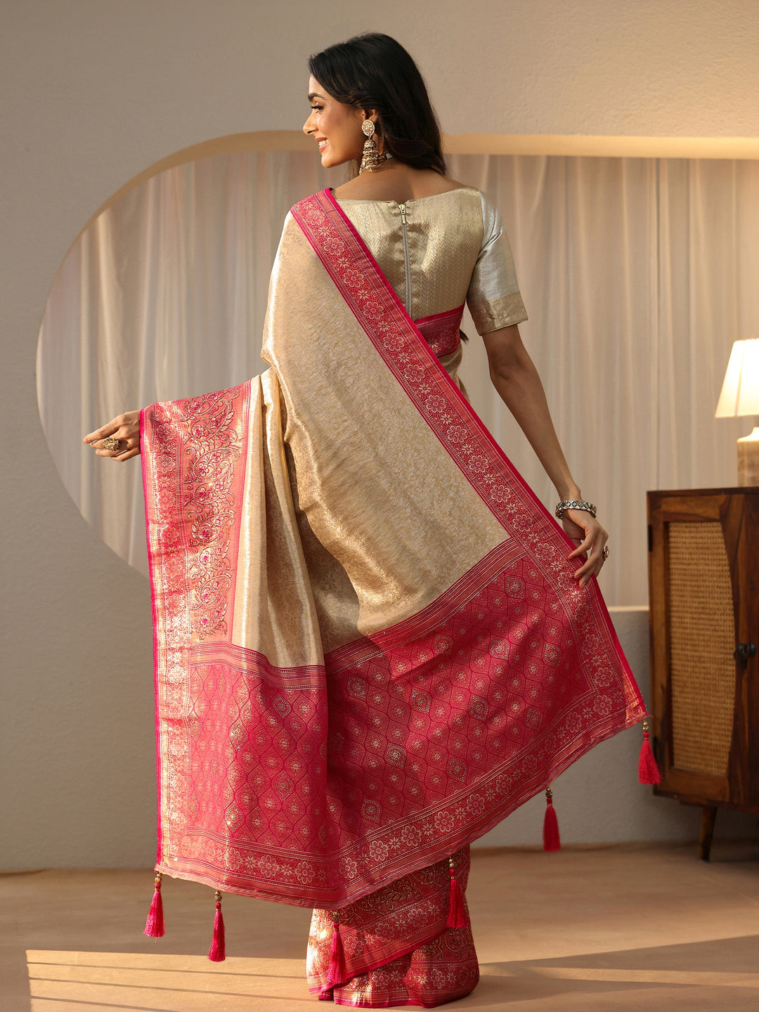 Gold Silk Blend Saree with Woven Border 