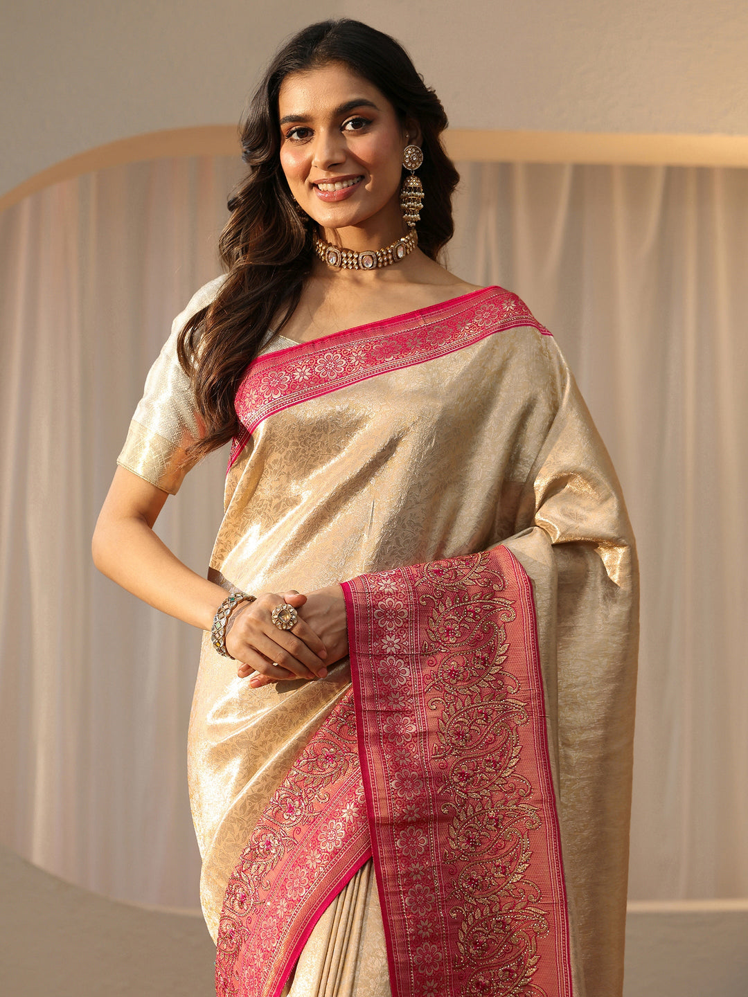  Gold Silk Blend Saree with Woven Border 