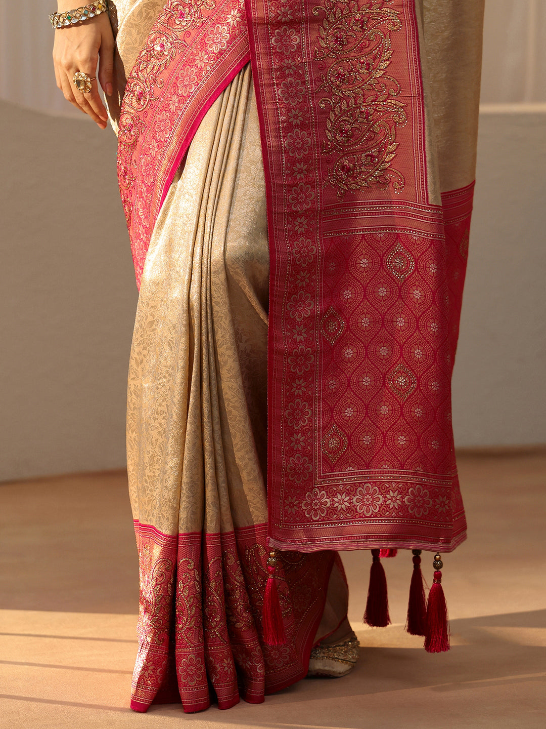  Gold Silk Blend Saree with Woven Border 