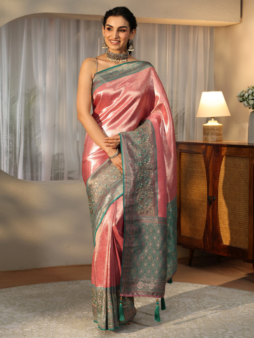  Peach Silk Blend Saree with Woven Border 
