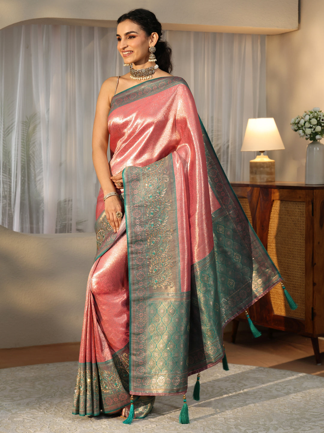  Peach Silk Blend Saree with Woven Border 