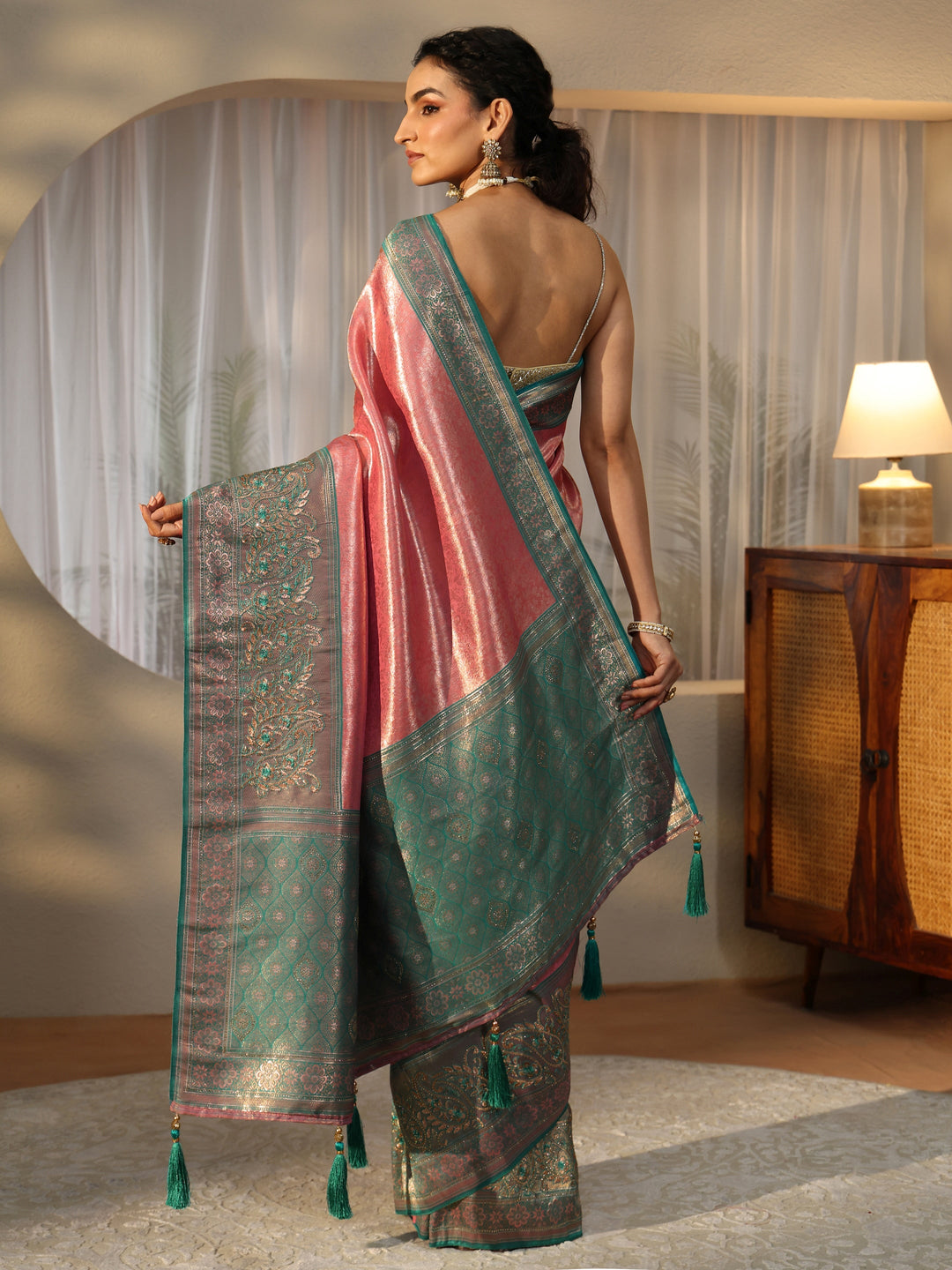  Peach Silk Blend Saree with Woven Border 