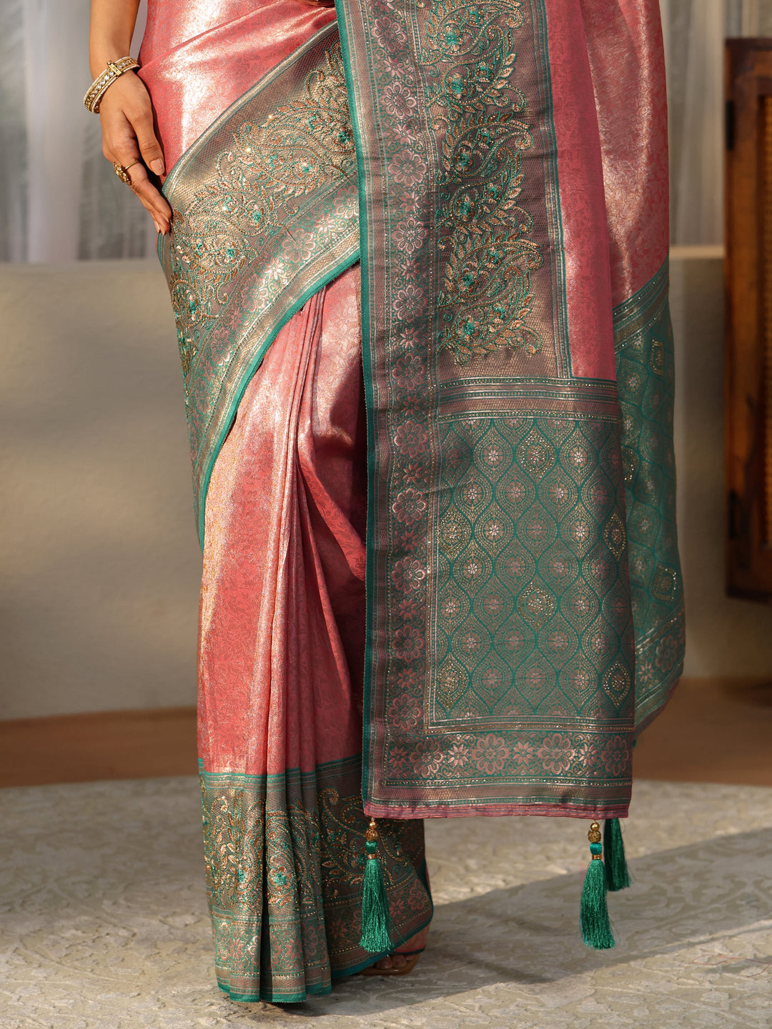  Peach Silk Blend Saree with Woven Border 