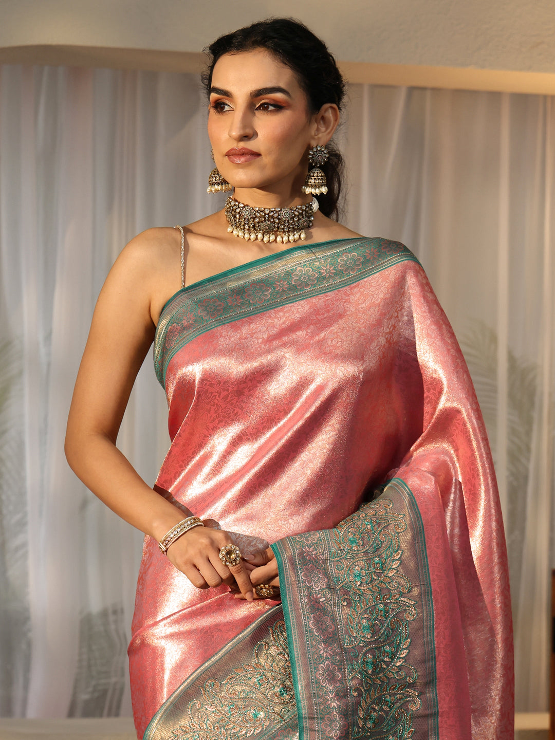  Peach Silk Blend Saree with Woven Border 