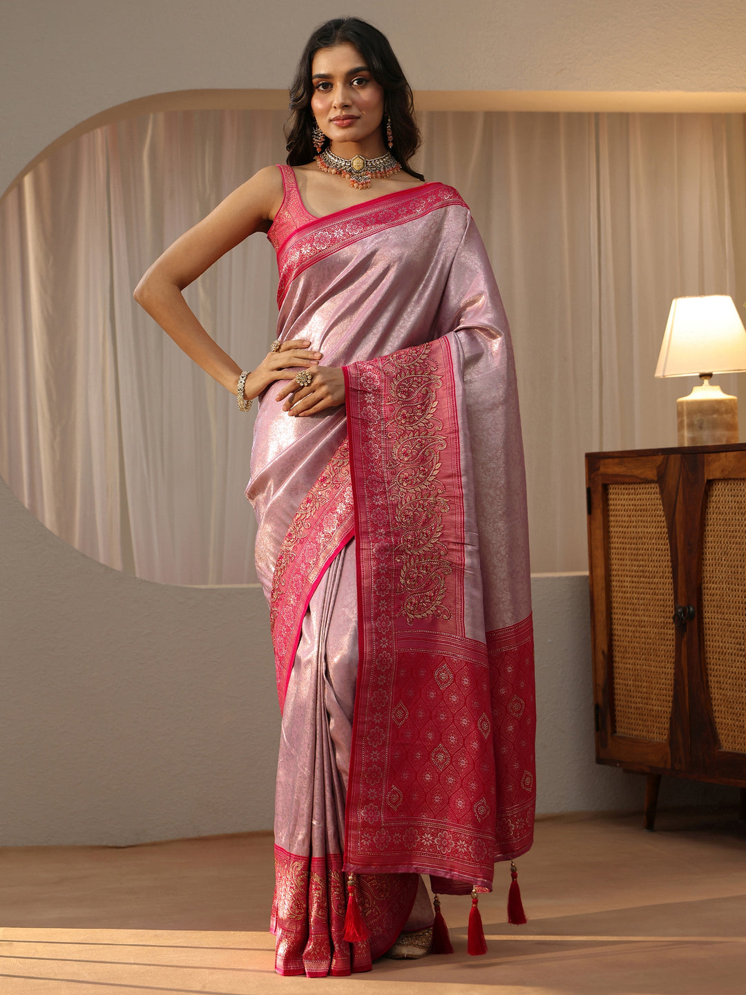  Lavender Silk Blend Saree with Woven Border 