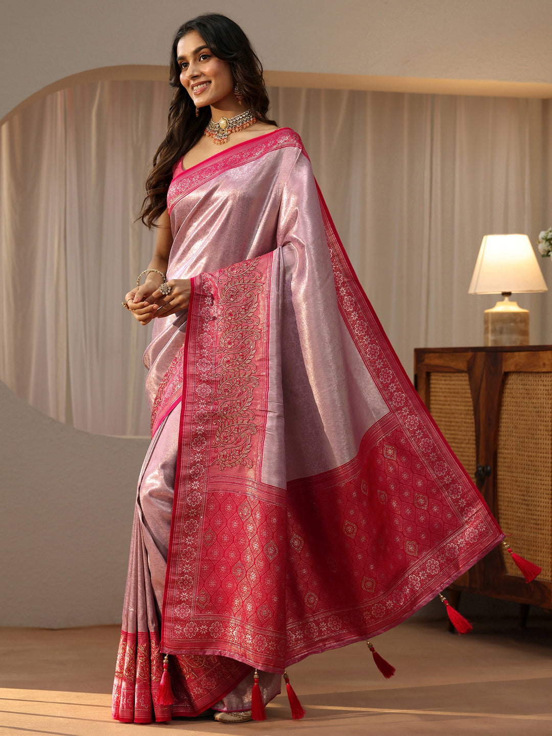  Lavender Silk Blend Saree with Woven Border 