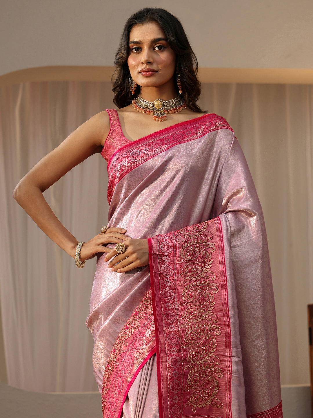  Lavender Silk Blend Saree with Woven Border 