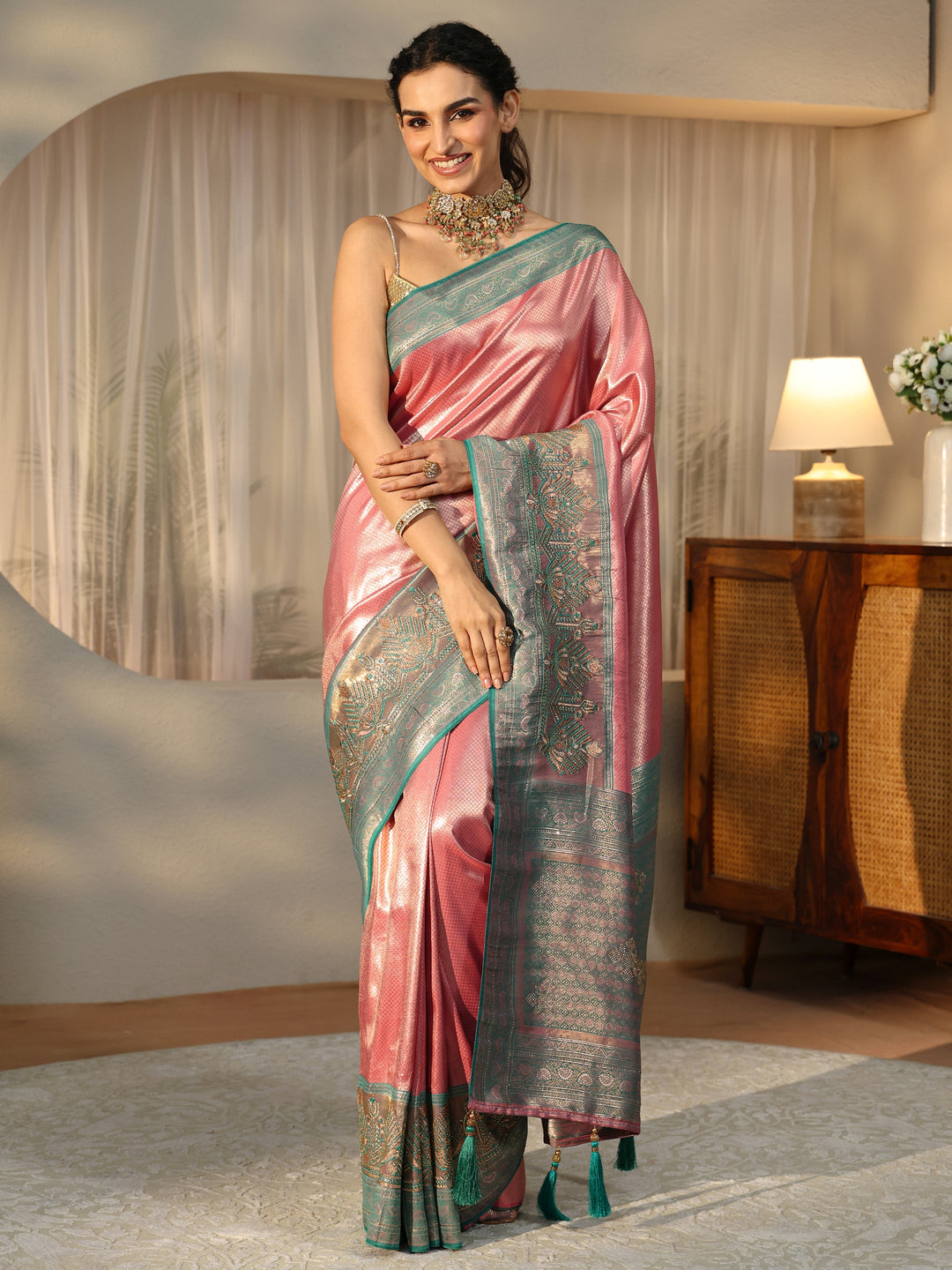 Rose Pink Silk Blend Saree with Woven Border 