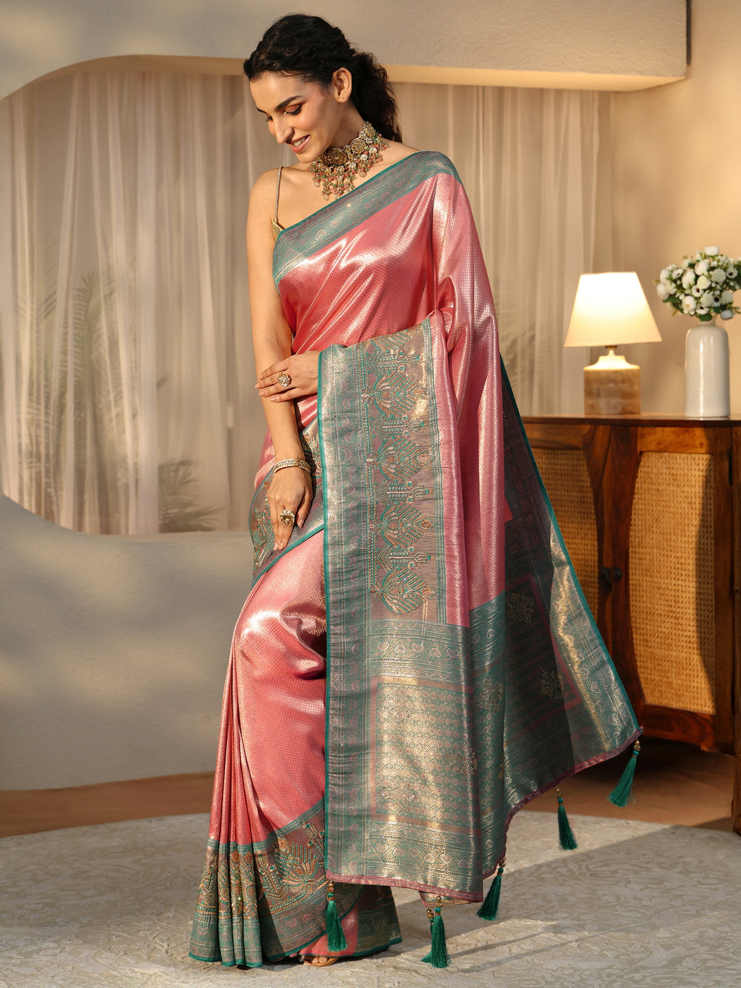  Rose Pink Silk Blend Saree with Woven Border 