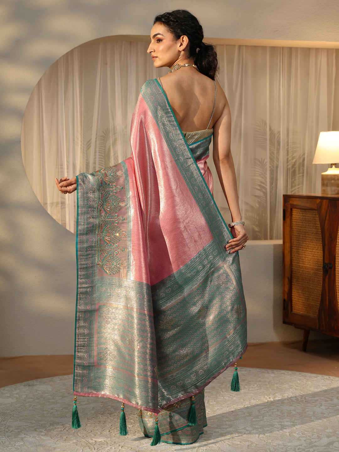  Rose Pink Silk Blend Saree with Woven Border 