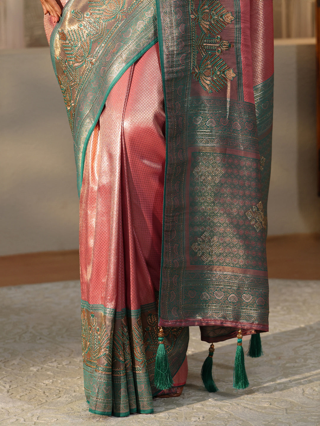  Rose Pink Silk Blend Saree with Woven Border 