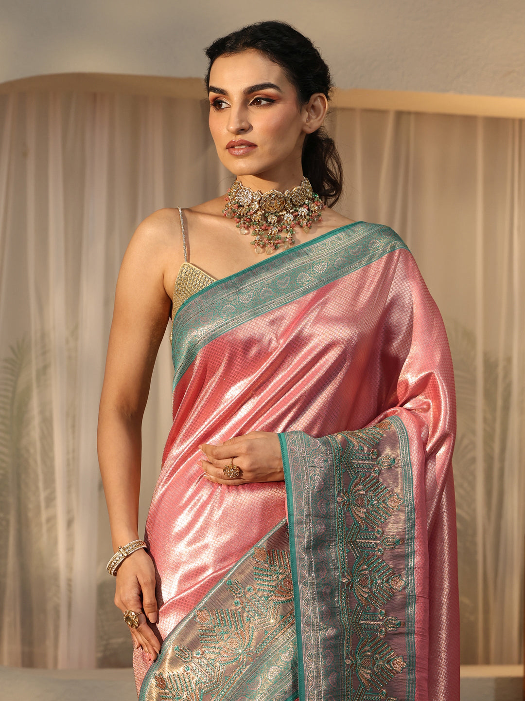  Rose Pink Silk Blend Saree with Woven Border 