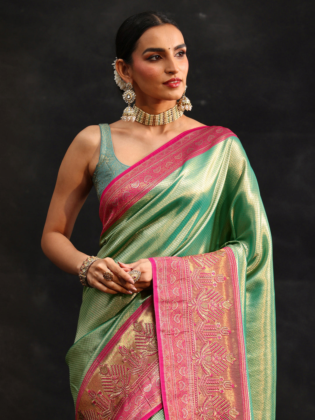  Libas Sea Green Woven Design Silk Blend Saree 