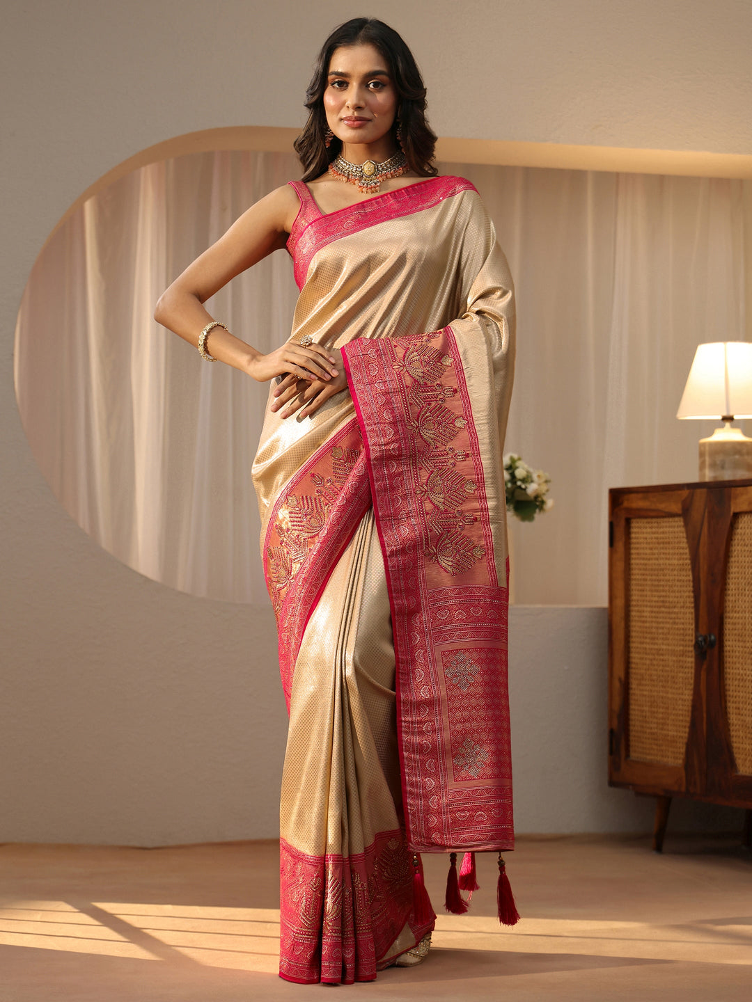  Gold Silk Blend Saree with Woven Border 