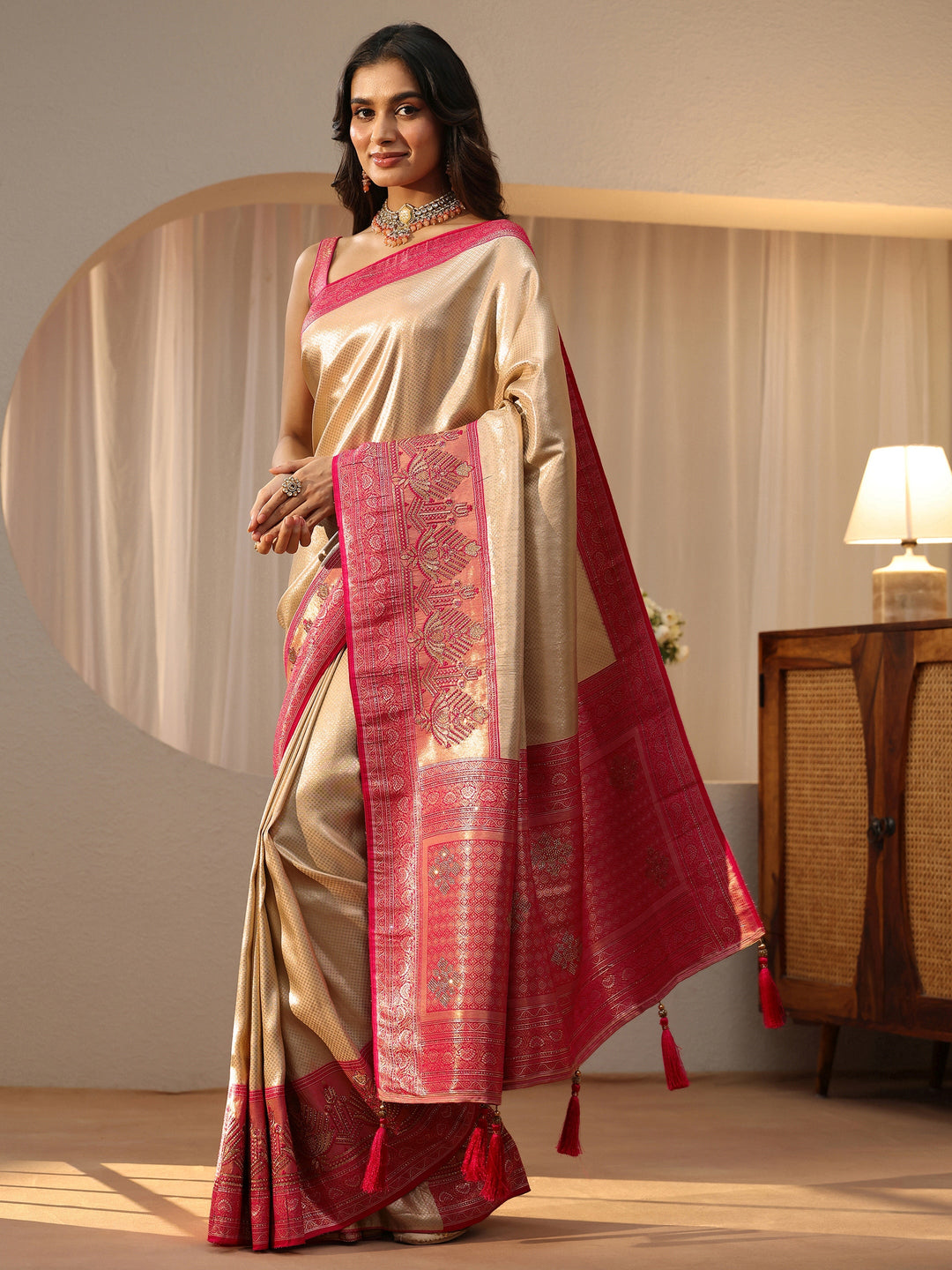  Gold Silk Blend Saree with Woven Border 