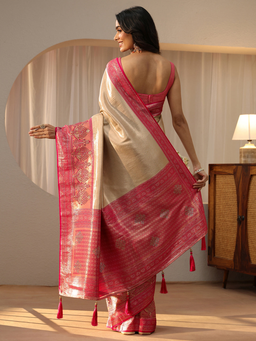  Gold Silk Blend Saree with Woven Border 