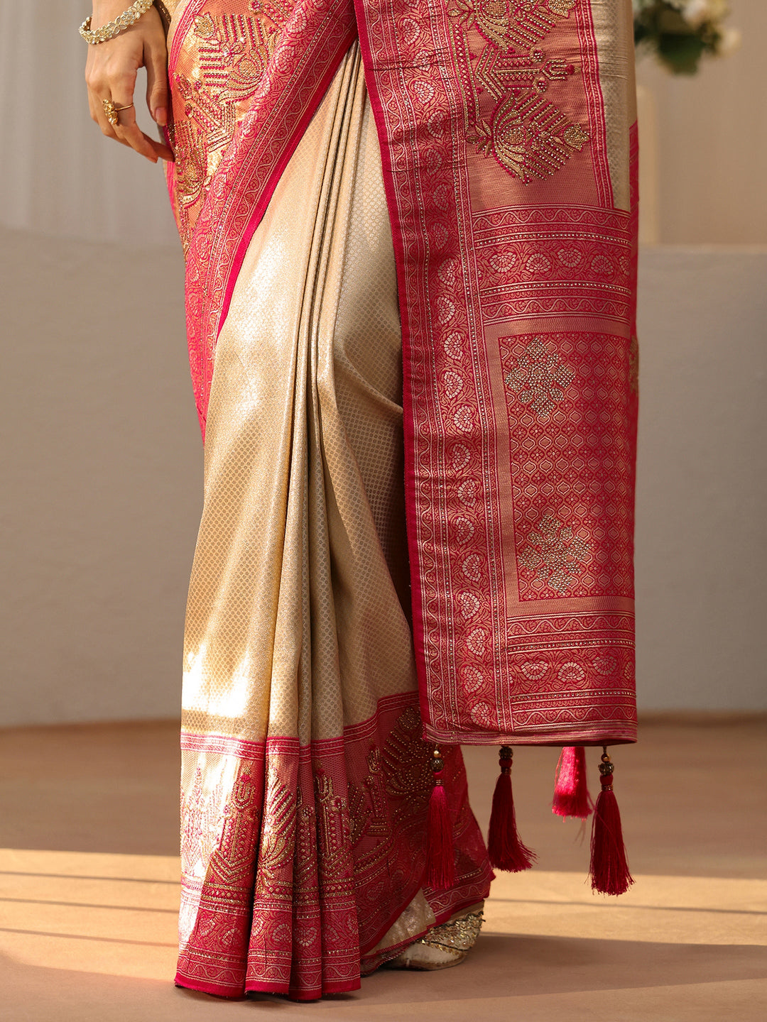  Gold Silk Blend Saree with Woven Border 