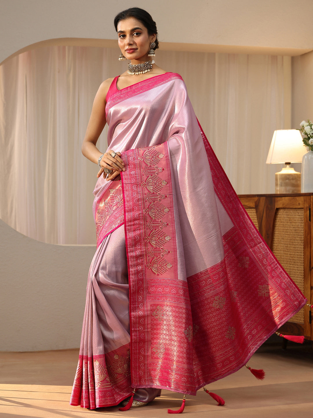  Lavender Silk Blend Saree with Woven Border 