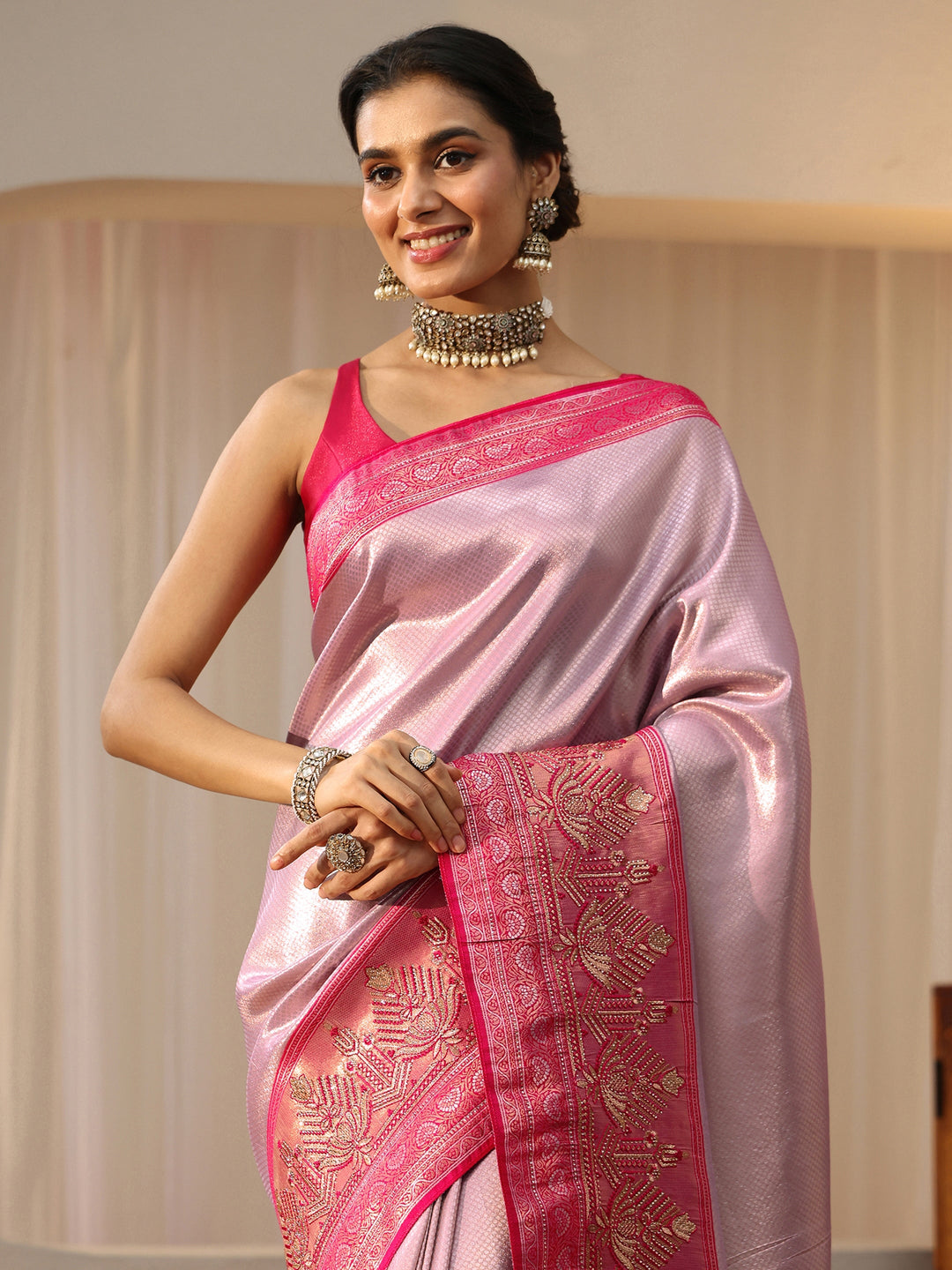  Lavender Silk Blend Saree with Woven Border 