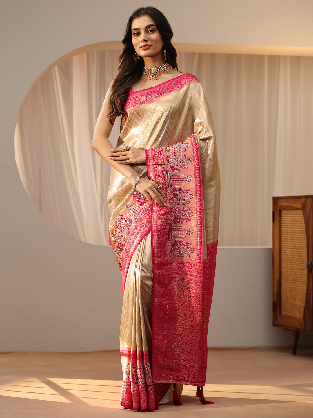  Gold Silk Blend Saree with Woven Border 