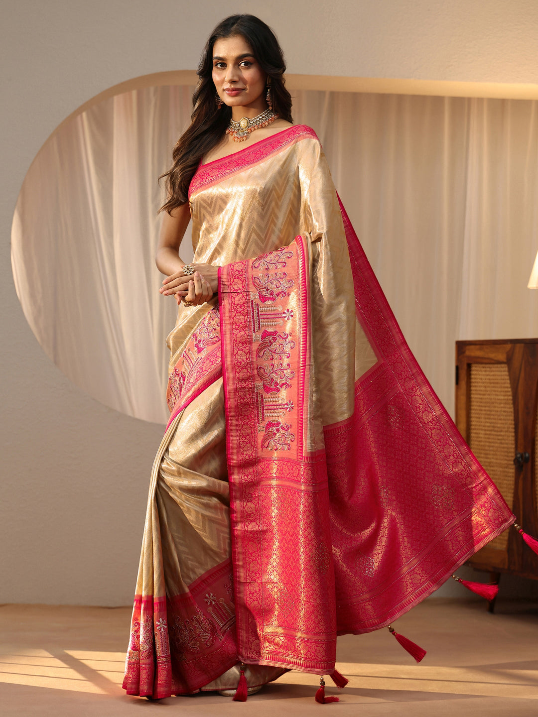  Gold Silk Blend Saree with Woven Border 