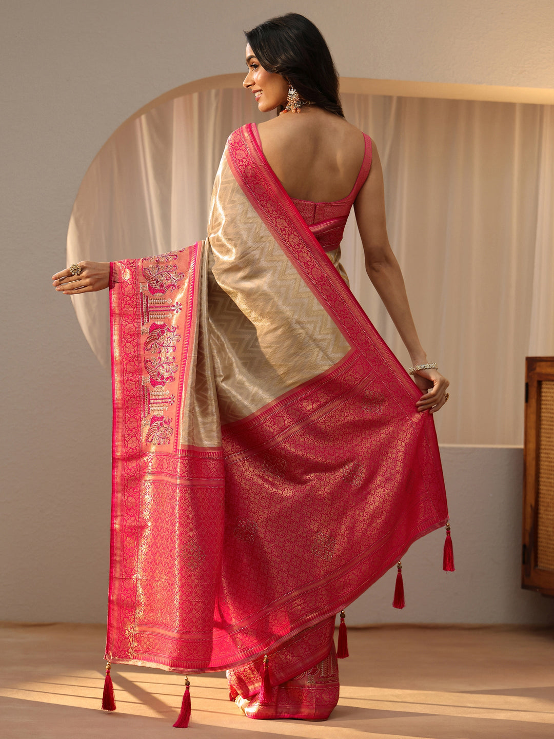  Gold Silk Blend Saree with Woven Border 