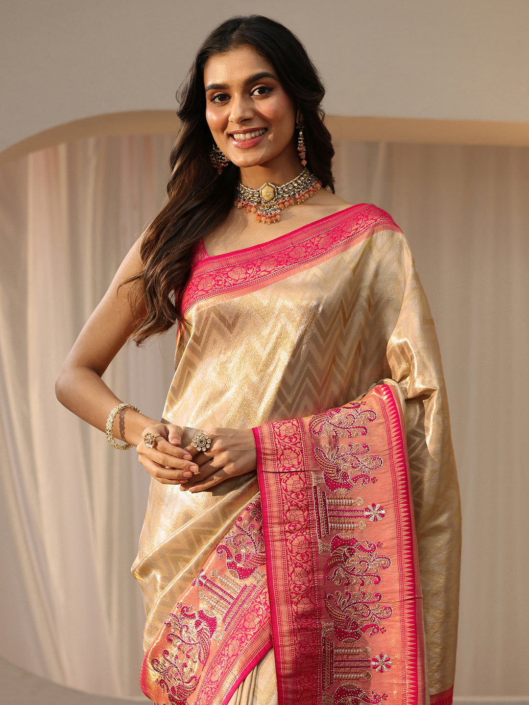  Gold Silk Blend Saree with Woven Border 