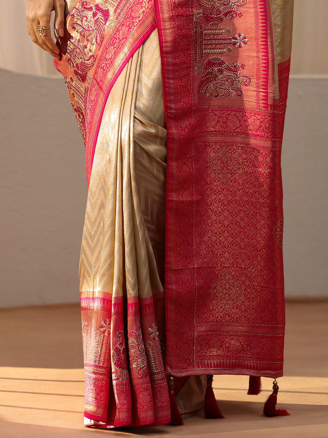  Gold Silk Blend Saree with Woven Border 