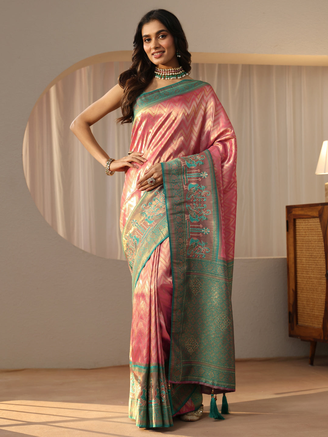  Peach Silk Blend Saree with Woven Border 