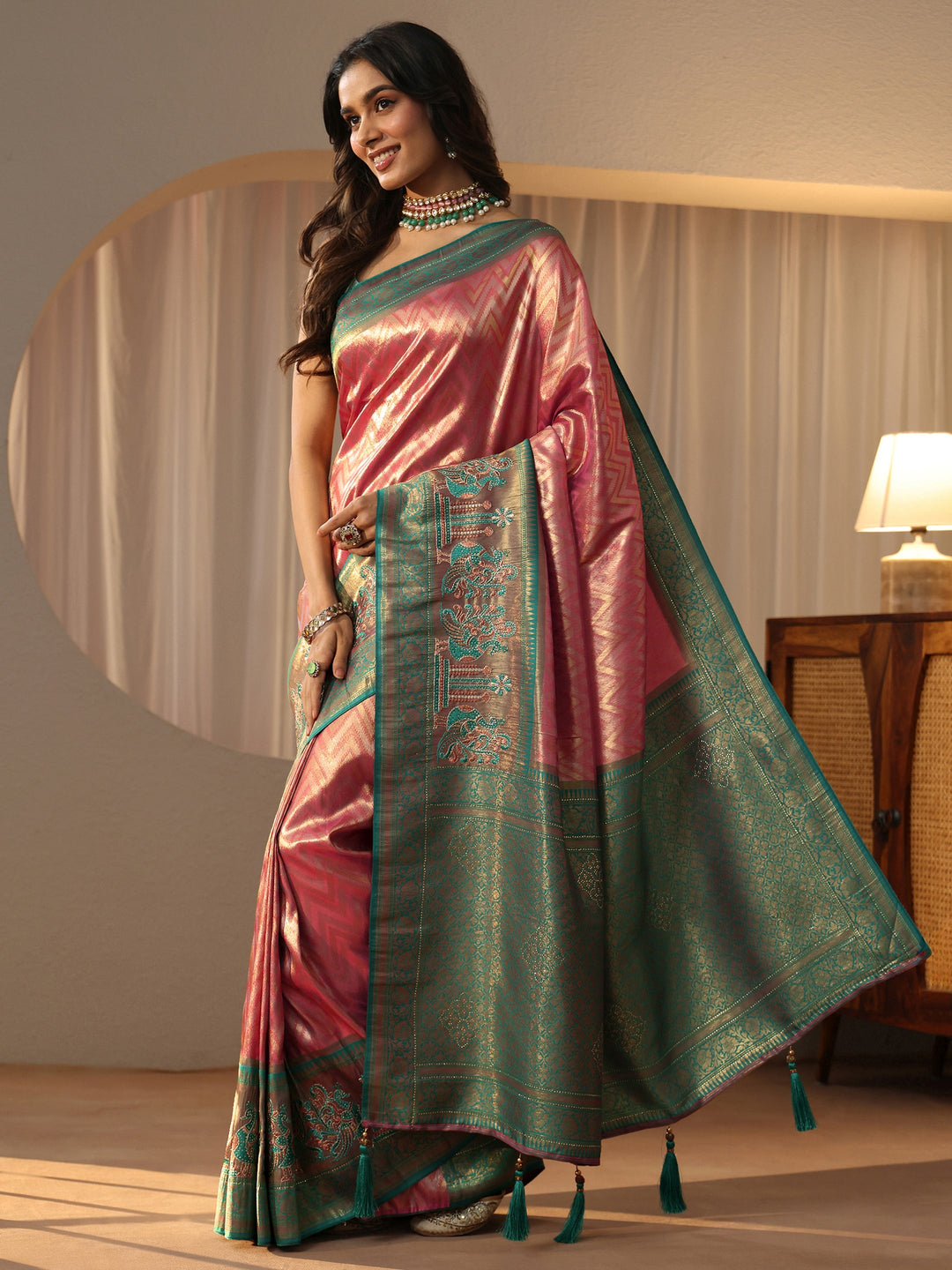  Peach Silk Blend Saree with Woven Border 