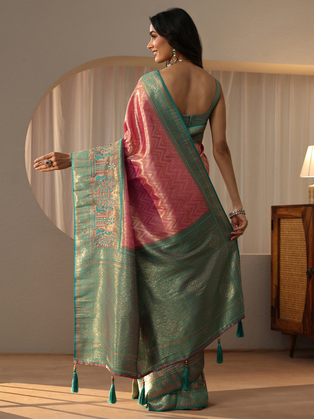 Peach Silk Blend Saree with Woven Border 