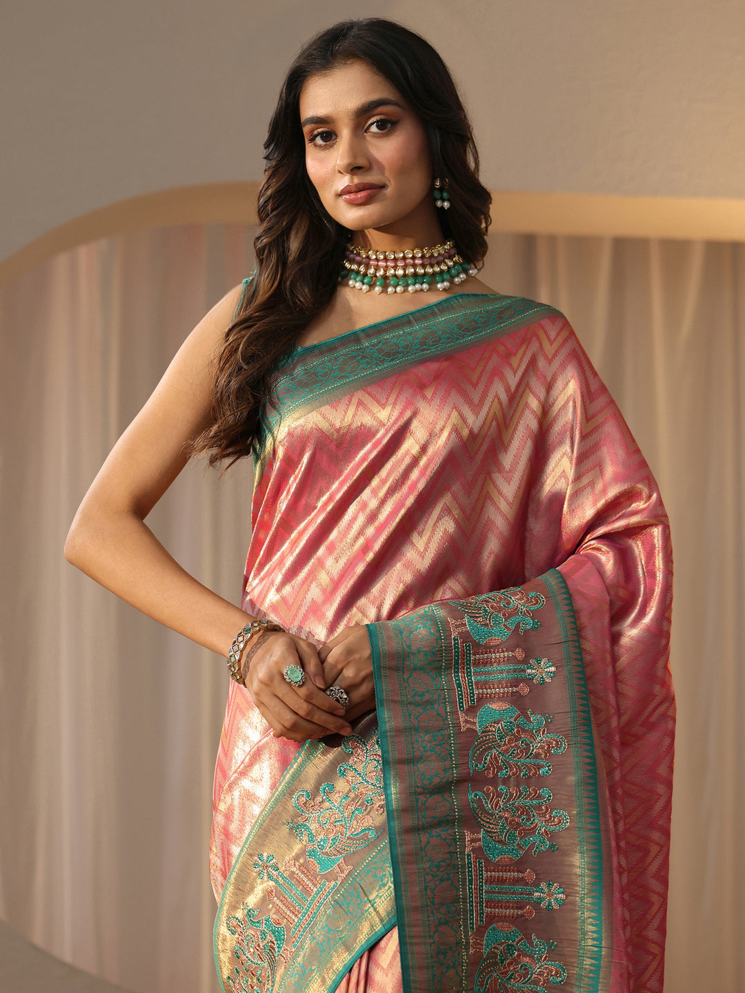  Peach Silk Blend Saree with Woven Border 
