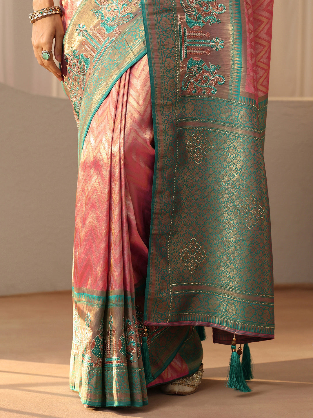  Peach Silk Blend Saree with Woven Border 