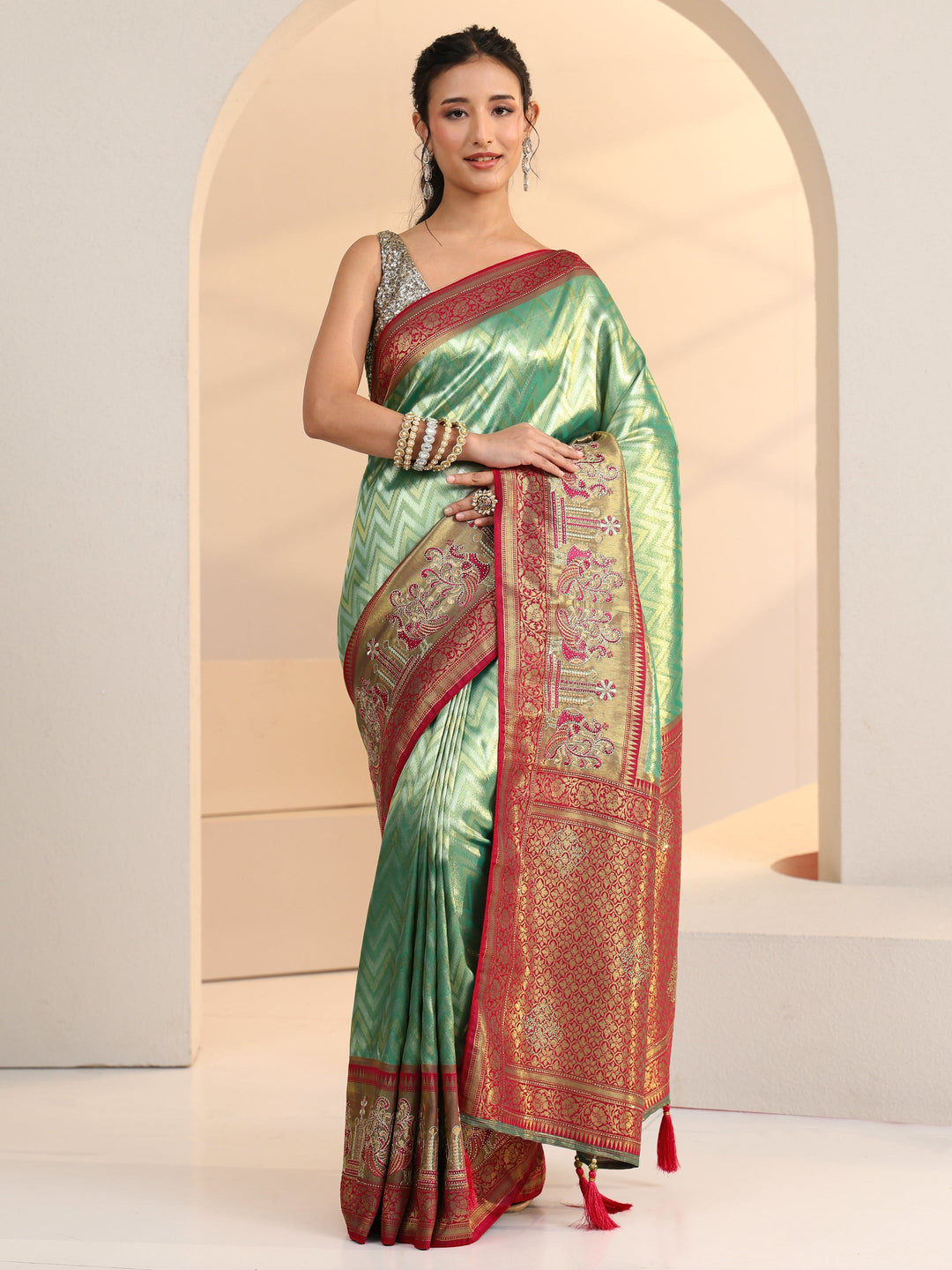  Libas Seafoam Green Chevron Woven Design Silk Blend Saree 