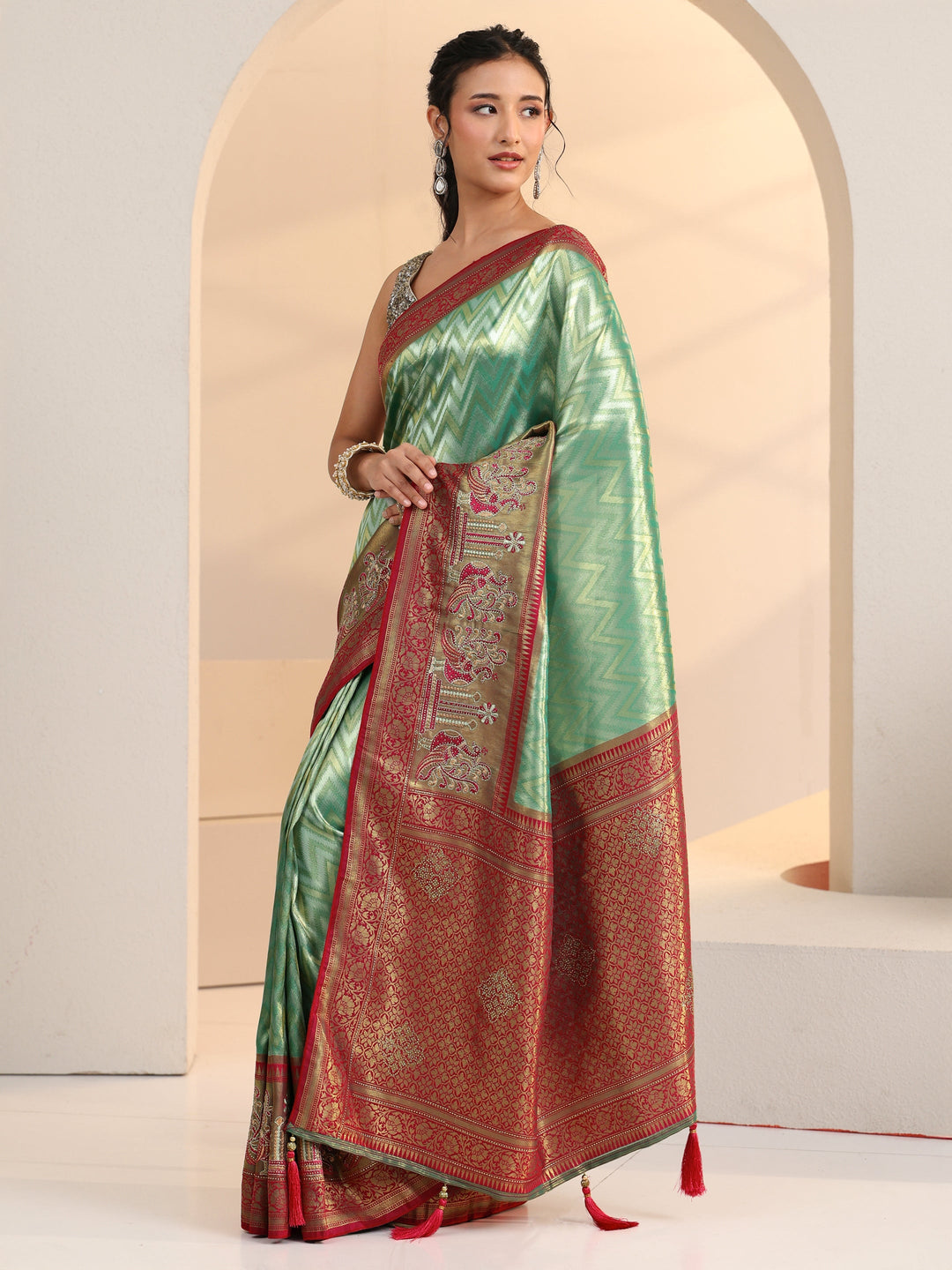  Libas Seafoam Green Chevron Woven Design Silk Blend Saree 