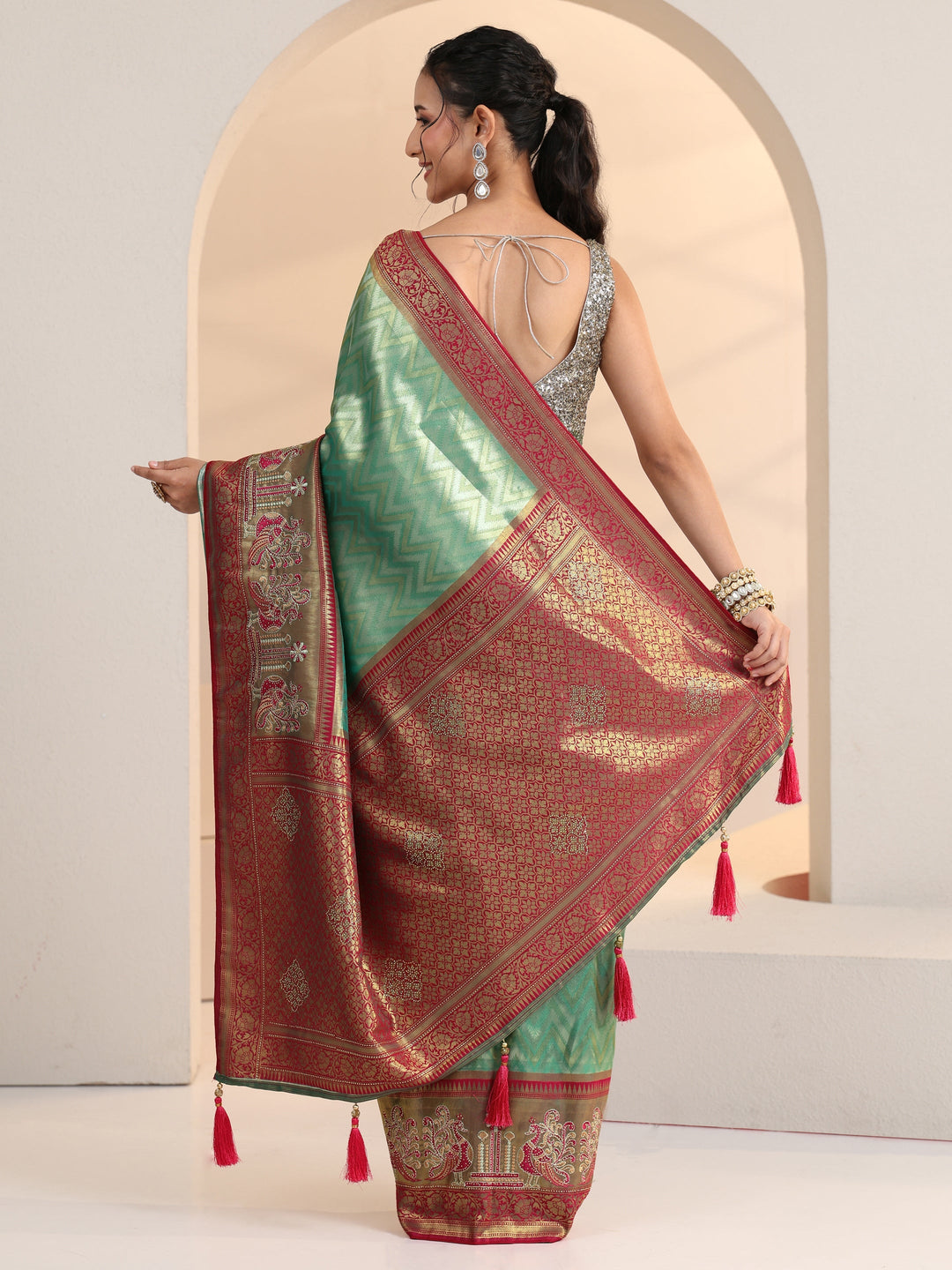  Libas Seafoam Green Chevron Woven Design Silk Blend Saree 