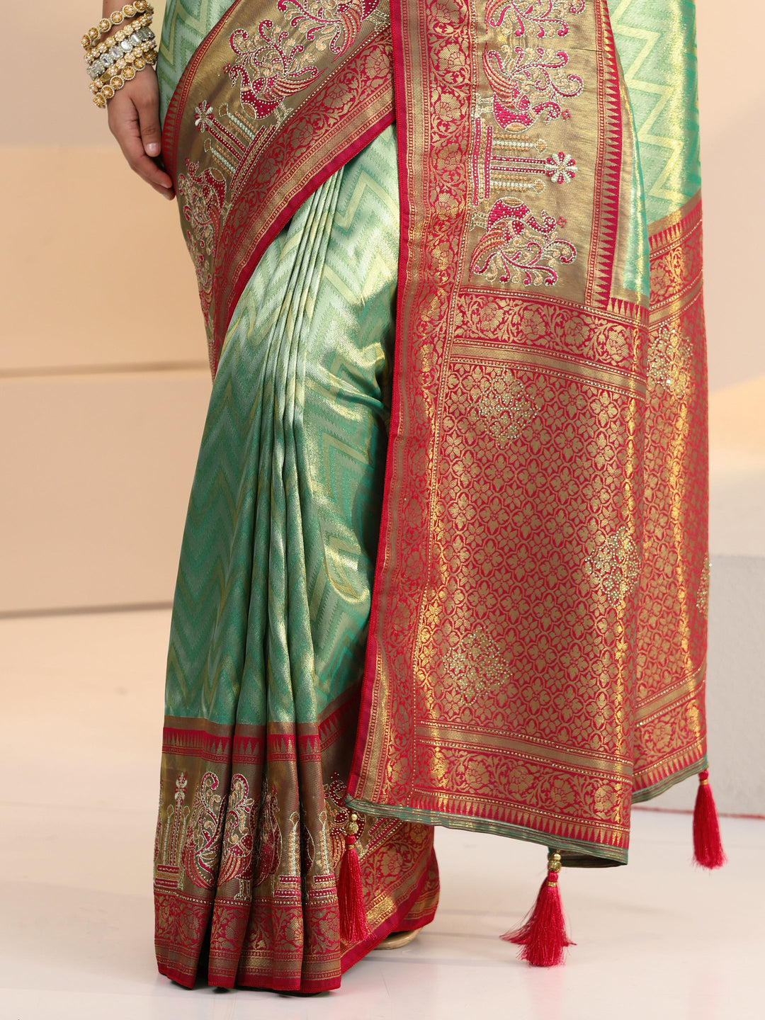  Libas Seafoam Green Chevron Woven Design Silk Blend Saree 