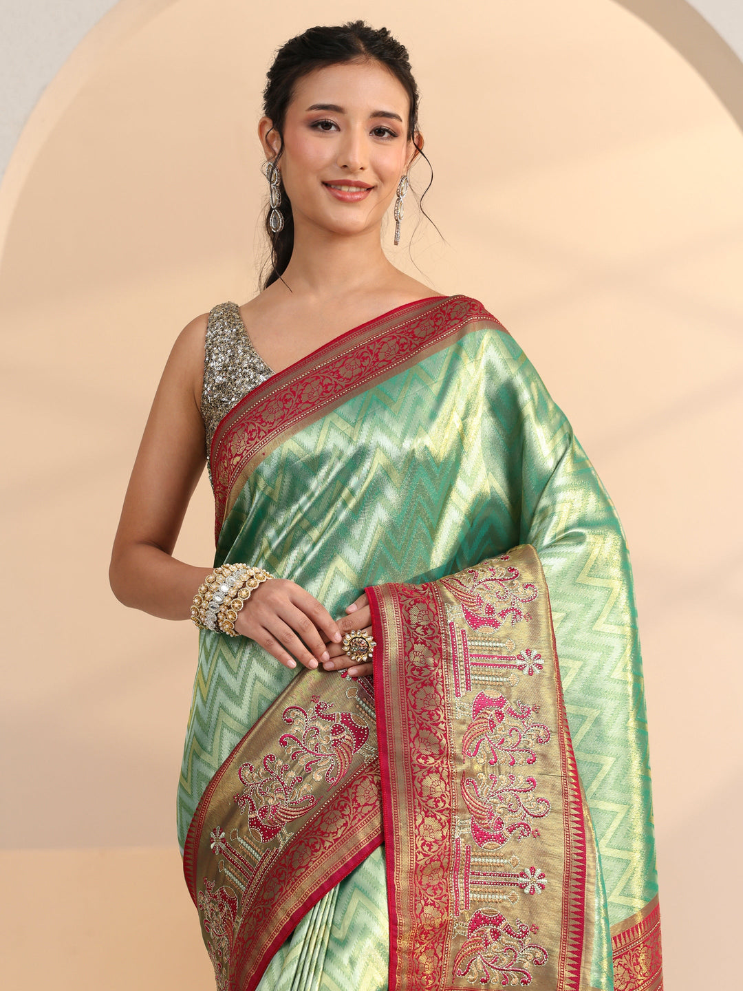  Libas Seafoam Green Chevron Woven Design Silk Blend Saree 