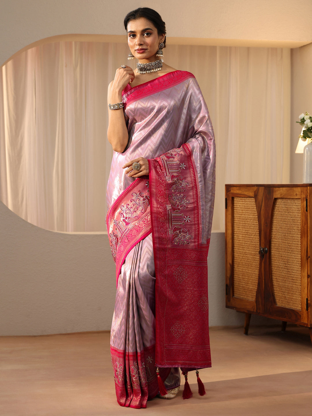  Lavender Silk Blend Saree with Woven Border 