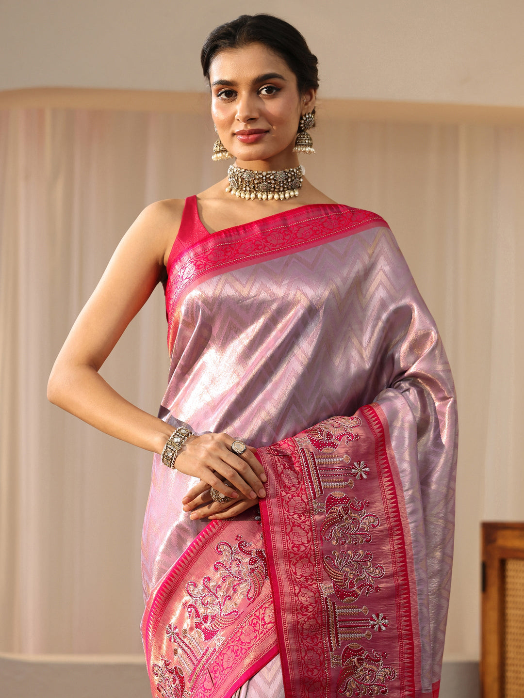  Lavender Silk Blend Saree with Woven Border 